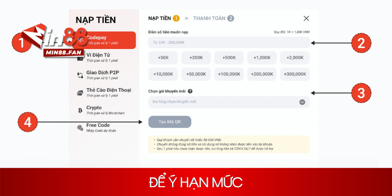 Lưu ý về hạn mức khi tiến hành thao tác nạp tiền